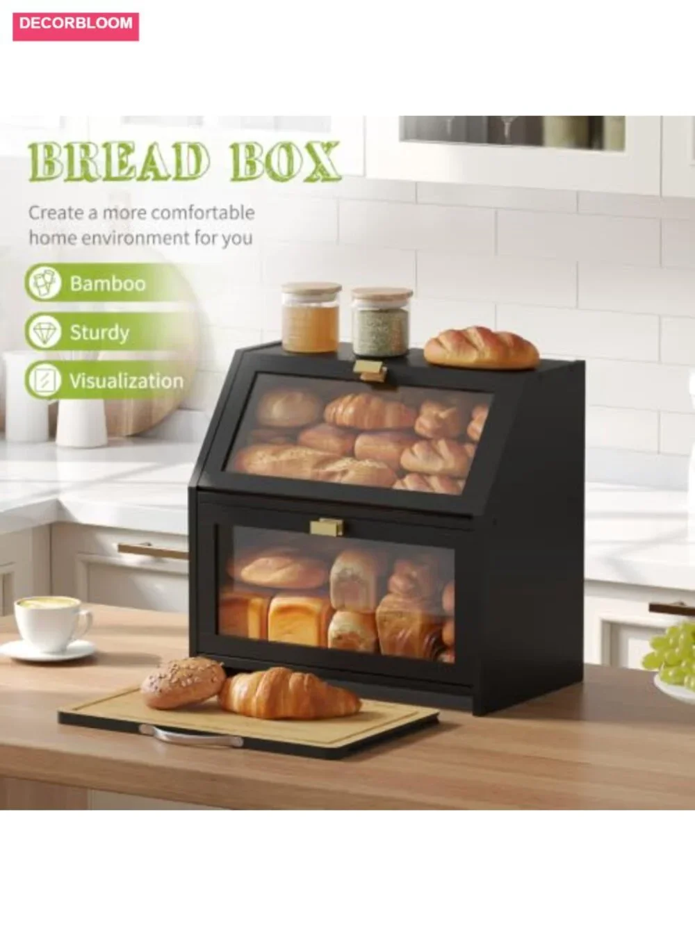 Bamboo Bread Box with Cutting Board, Double Layer Extra Large Capacity, Clear